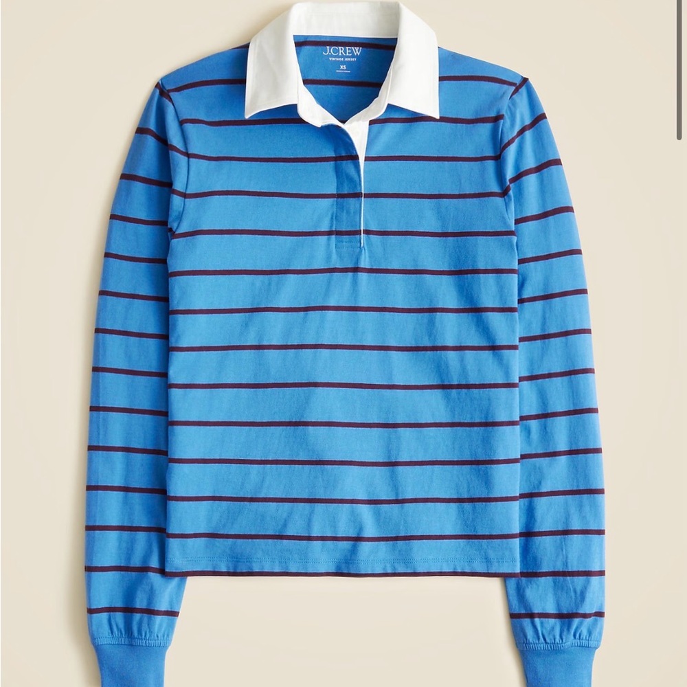 J. Crew Blue Striped Long-Sleeve Polo with White Collar